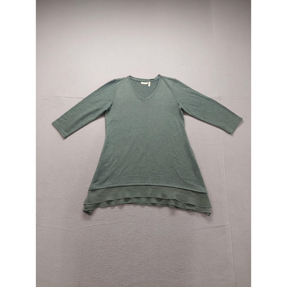 Logo Lounge Shirt Womens Small‎ Green V Neck 3/4 Sleeve Tunic Pockets Ruffle Hem